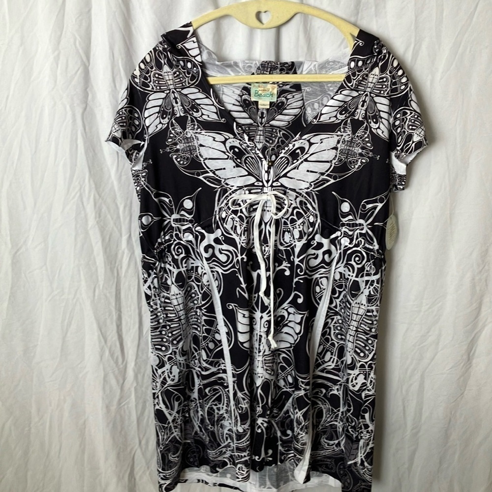 OneWorld Beach Monarch Butterfly Patterned Coverup- Hood- Drawstring waist- S